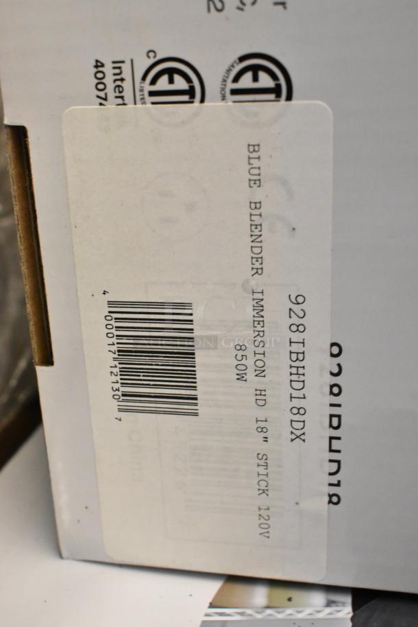 Alt text: Box of AvaMix 928IBHD18 18" heavy-duty immersion blender, 1 1/4 hp, 120V, new condition, labeled "Blue Blender."
