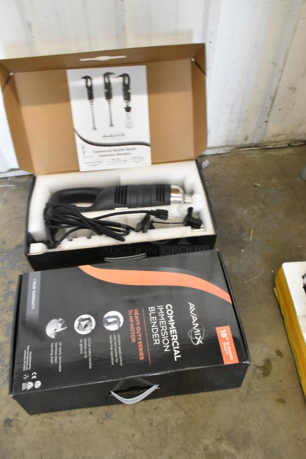 AvaMix 928IBHD18 18" heavy-duty immersion blender, brand new, 1 1/4 hp, variable speed, packaging visible.
