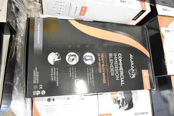 AvaMix 928IBHD18 18" Immersion Blender box, 1 1/4 hp, new condition, 120V, 1 phase, with 1-year warranty label.