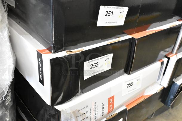 Boxes of AvaMix 928IBHD18 immersion blenders, 18" heavy-duty, 1 1/4 hp, scratch and dent condition, tags showing item numbers 251, 253, 255.