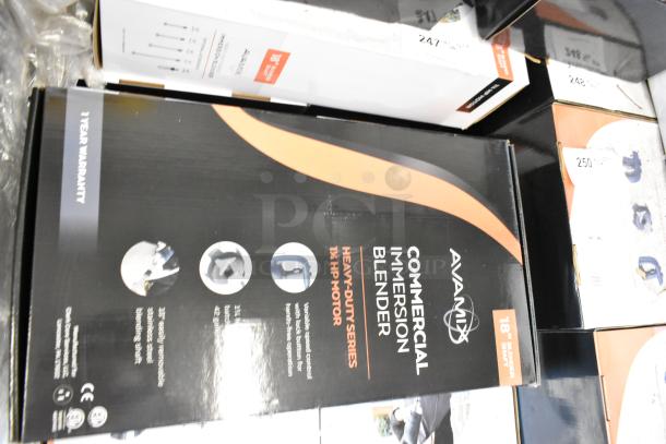 Two new AvaMix 928IBHD18 immersion blenders in original packaging, heavy-duty, 1 1/4 hp, variable speed, 18" shaft.