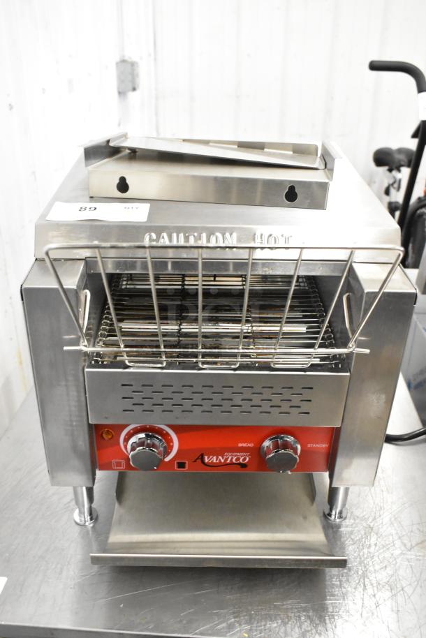 "Brand new Avantco 184T140 stainless steel conveyor toaster, 10'' wide, 3'' opening, 300 slices/hr, 120V, with minor scratches."