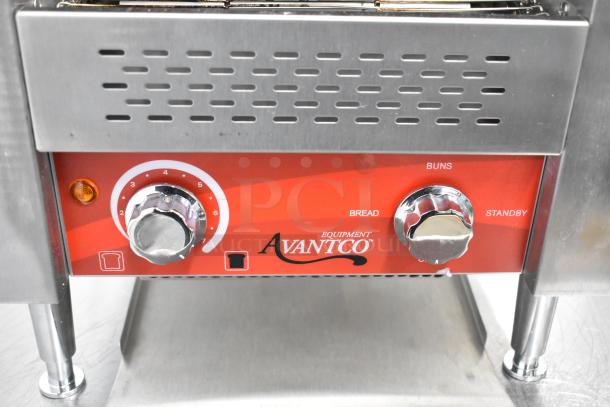Brand new Avantco 184T140 stainless steel conveyor toaster, 10" wide, 3" opening, 300 slices/hour, 120V, 1 Phase.