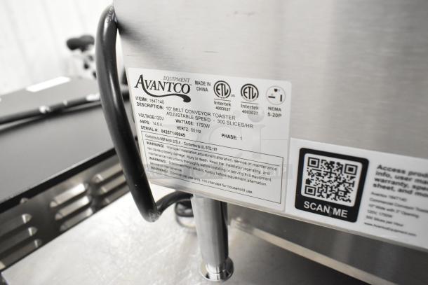 Brand new Avantco 184T140 stainless steel conveyor toaster, 10" wide, 3" opening, 300 slices/hour, 120V. Scratch and dent.