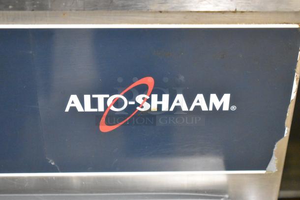Alto Shaam 750-S stainless steel heated cabinet, model 750-S, with visible logo. Features commercial casters, 120V, 1 phase.