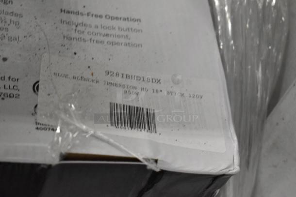 Box of AvaMix 928IBHD18 18" immersion blender, brand new with scratch and dent. Label shows 120V, 1.25 hp.