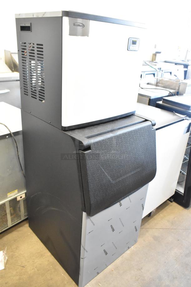 Brand new KoolMore CIM-315 stainless steel commercial ice maker on metal bin. Scratch and dent condition. 115V, 1 Phase.