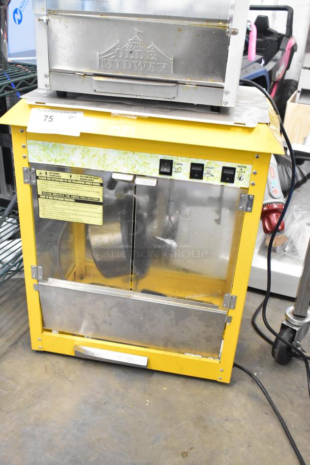 2019 OY-828 Metal Commercial Popcorn Machine, yellow frame, 120 volts, 1 phase; features "Olde Midwest" branding.