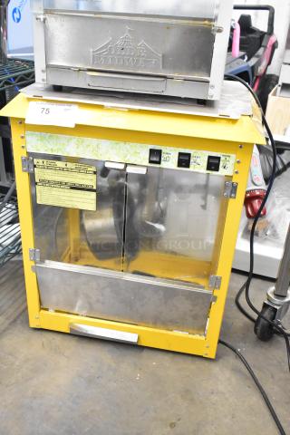 2019 OY-828 Metal Commercial Popcorn Machine, yellow frame, 120 volts, 1 phase; features "Olde Midwest" branding.