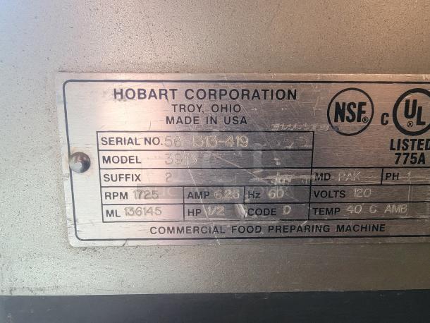 Hobart Model 3913 commercial meat slicer label, serial 56-1313-419. NSF, UL listed. Made in USA. RPM 1725, 120V, 60Hz.