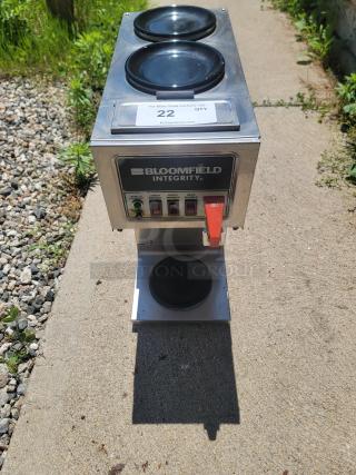 Bloomfield Integrity Model 9003 commercial coffee maker with dual warmers, user-friendly controls, and branding label visible.