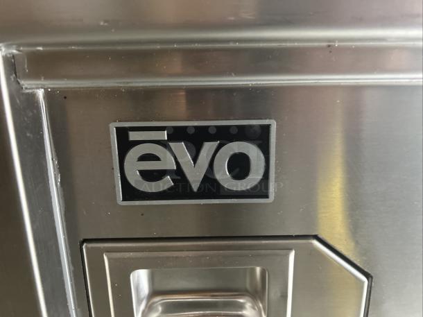Evo 48E ventless electric griddle, stainless steel, logo plate detail, commercial grade, model 48E-10-0148-EVT.