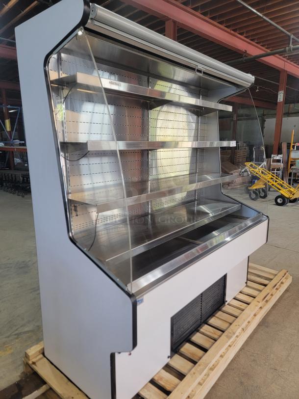 RPI Industries SCRFC7278R Air Screen Merchandiser with LED lighting, roll-down night shield, and adjustable shelves; ideal for chilled displays.