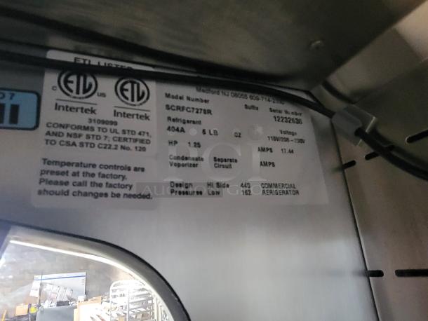 RPI SCRFC7278R Air Screen Merchandiser's label, showing model, refrigerant type, voltage, and certifications.