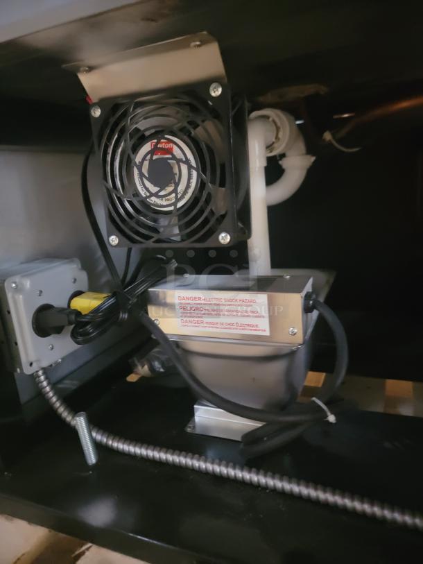 RPI Industries SCRFC7278R Air Screen Merchandiser with fan and wiring. Electric hazard warning label visible.