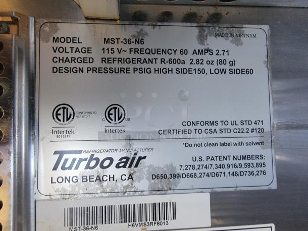 Turbo Air MTS-36-NS refrigerated prep table label showing voltage, refrigerant type, and certification details.