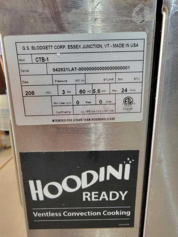 Blodgett CTB-1 Double Convection Oven with clear serial label showing model, voltage, and "Hoodini Ready" ventless cooking feature.
