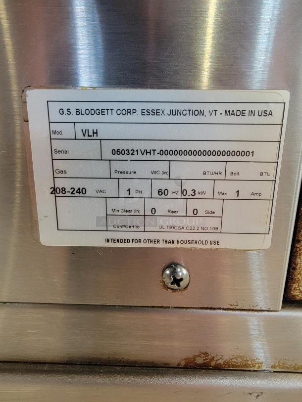 Blodgett Hoodini Ventless Kitchen Hood, Model VLH, with specifications label showing voltage, frequency, and certifications.