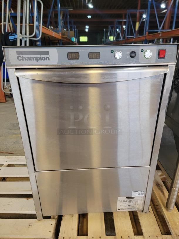 Champion UH130B undercounter commercial dishwasher; stainless steel, high temp sanitize, digital display, excellent condition.