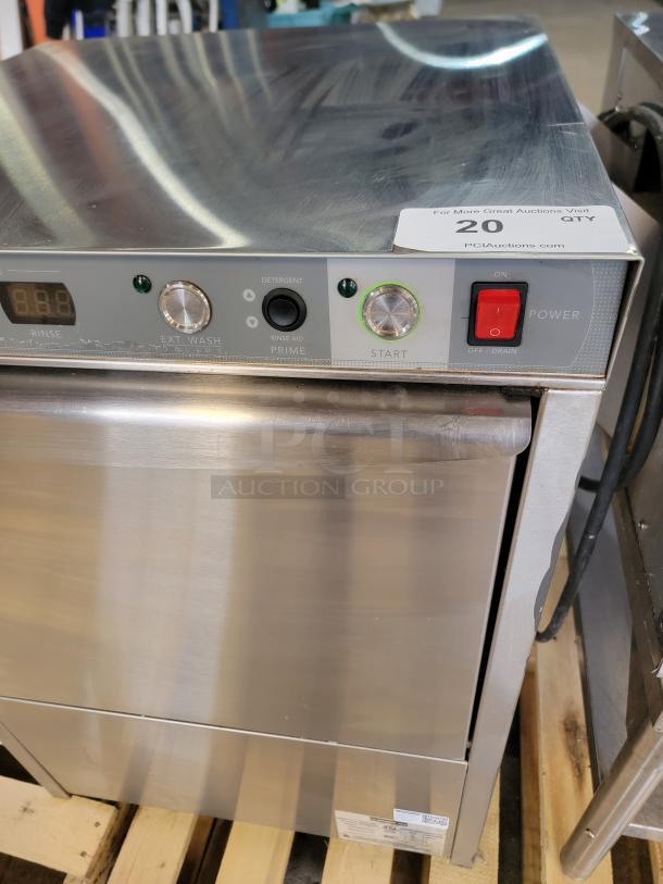 Champion UH130B commercial dishwasher, stainless steel, high-temp sanitize, compact design, features visible controls.