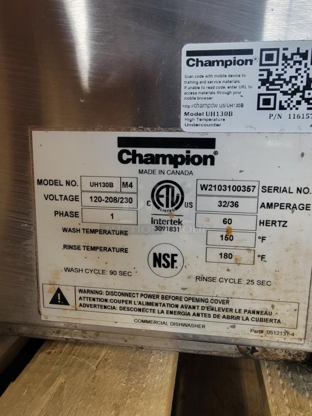 Champion UH130B commercial dishwasher label, showing model, voltage, wash temperature (150°F), rinse temperature (180°F), and NSF certification.