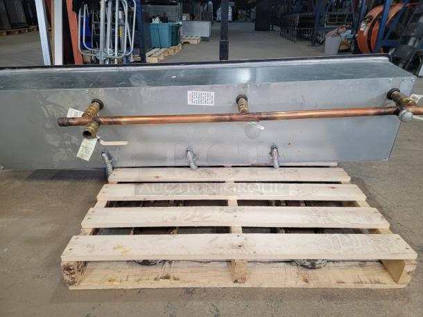 Atlas Metal WIHL-3 drop-in food warmer on pallet; shows pipes and labels for easy installation. Ideal for commercial kitchens.