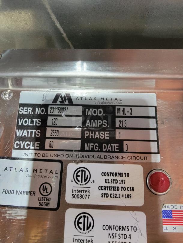 Atlas Metal WIHL-3 3-Well Food Warmer label, showing serial number, voltage, wattage, and certification details.