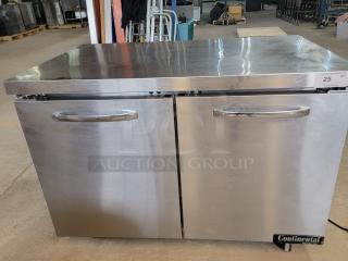 Continental SW48N 48" worktop refrigerator, stainless steel, two-door, tested, working, ideal for commercial kitchens.
