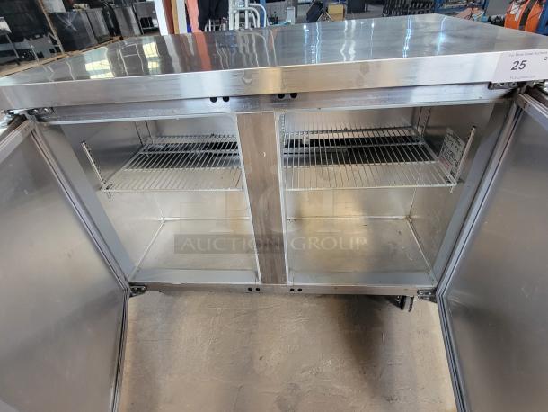 Continental SW48N worktop refrigerator, stainless steel, two-door, interior wire shelving, excellent condition, tested.