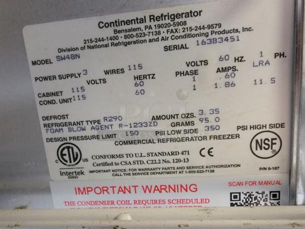 Continental SW48N worktop refrigerator identification label showing model and power specifications.