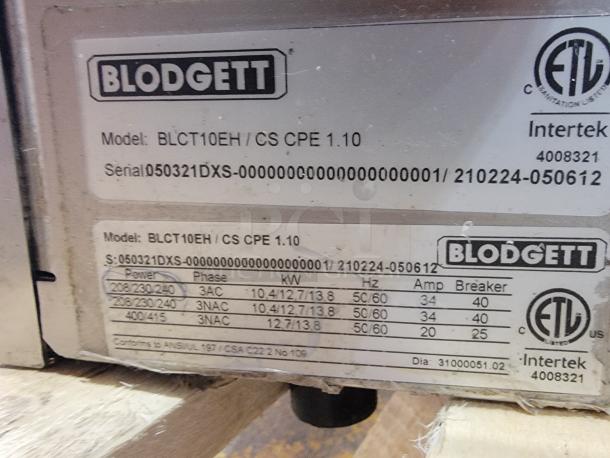 Blodgett BLCT-6E-H Combi-Oven label showing model, serial number, power specs, and ETL certification details.