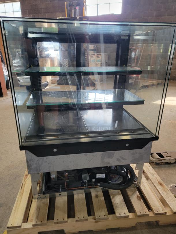 Structural Concepts NE3627RSV refrigerated display case, glass and metal, two shelves, slide-in design, tested, working condition.