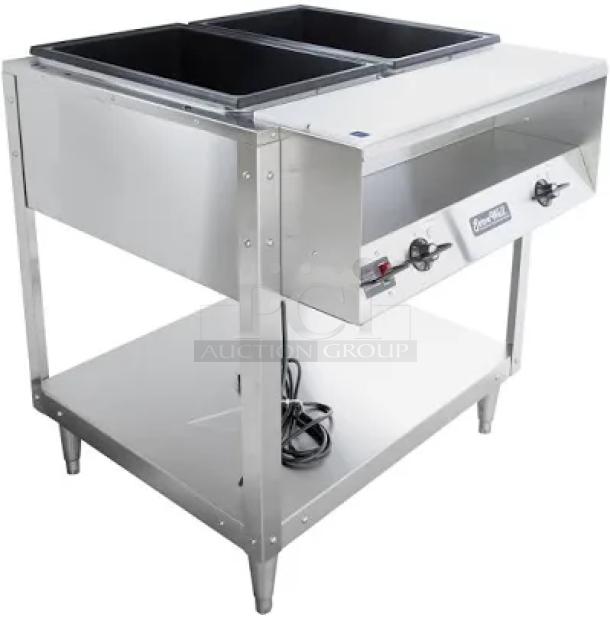 Vollrath ServeWell Steam Table, Model 38002, stainless steel, great condition, dual knobs, for catering and large events.