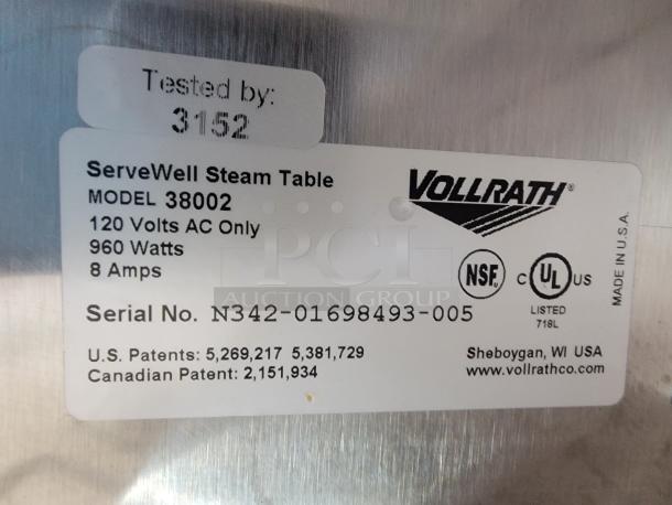 Vollrath ServeWell Steam Table Model 38002 label showing specs: 120V, 960W, 8A, Serial No. N342-01698493-005, NSF certified.