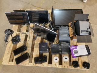 Toast POS System package on a pallet includes monitors, card readers, receipt printers, and handheld devices; ideal for restaurants.