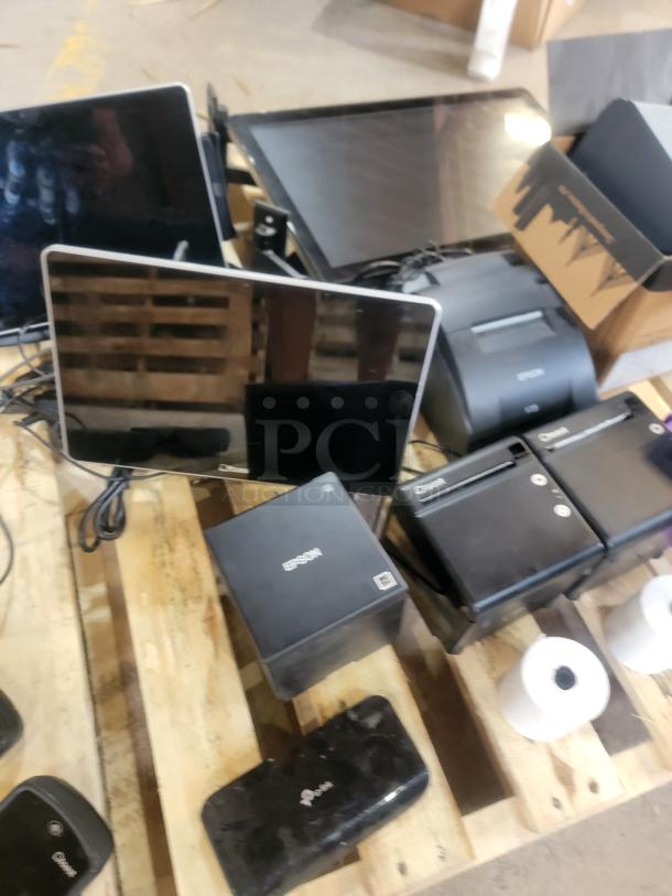 Complete Toast POS system for restaurant use, featuring displays, card readers, and Epson receipt printers. Excellent condition.