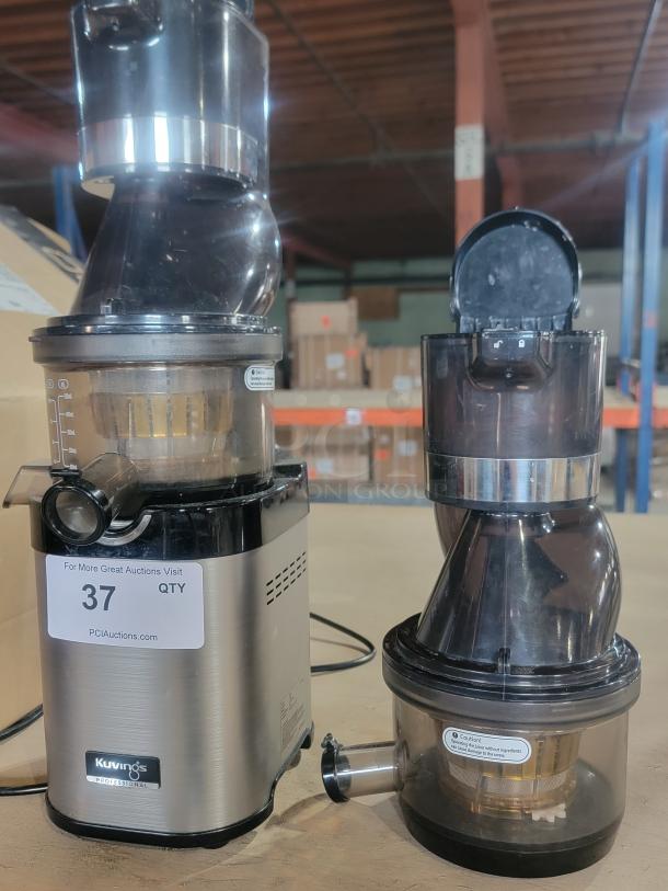 Kuvings CS600 commercial cold press juicer, stainless steel, excellent condition, dual feeding chutes, ideal for juice bars.