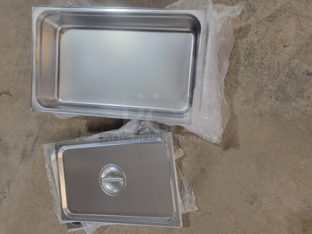 Brand New 5-Pack of Choice stainless steel steam pans, full-size, 4" deep, perfect for professional kitchens and catering.