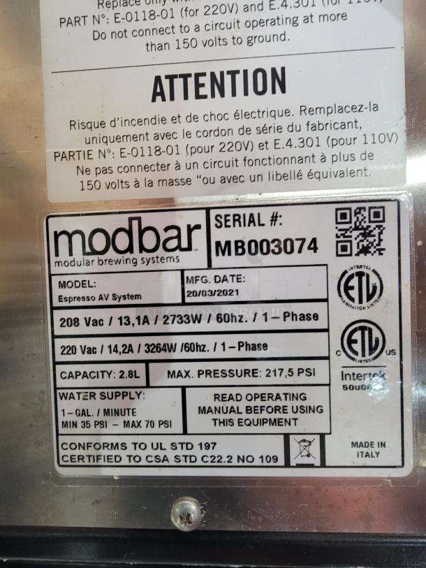 Modbar Espresso AV & Steam Package, Model MB003074, under-counter system with serial number visible.
