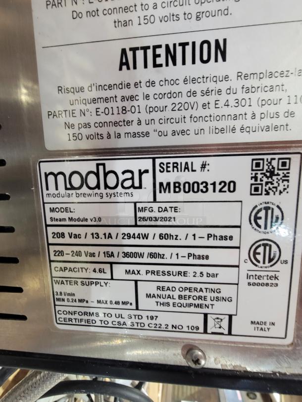 Modbar Espresso & Steam Package, model MB003120, MFG date 26/03/2021. Specs: 208-240V, 2944W, 4.6L capacity. Made in Italy.