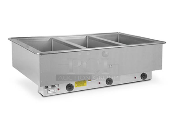 Atlas Metal WIHL-3 3-well drop-in food warmer, stainless steel, seamless countertop integration, ideal for commercial use.