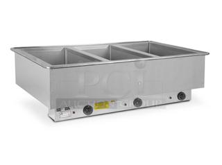 Atlas Metal WIHL-3 3-well drop-in food warmer, stainless steel, seamless countertop integration, ideal for commercial use.