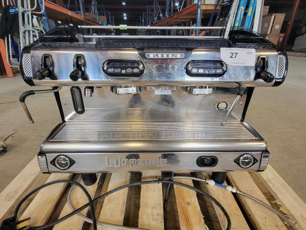 La Spaziale 2-Group Commercial Espresso Machine, stainless steel finish, dual steam wands, labeled controls, gently used condition.
