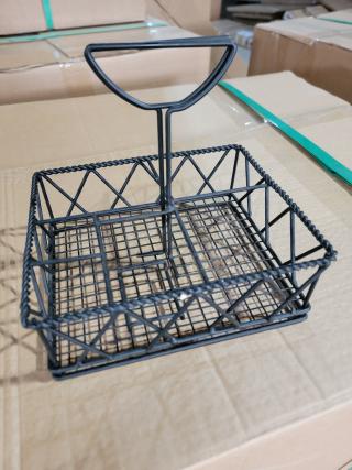 Lot of 16 black metal 5-compartment condiment caddies shown, featuring a durable wireframe design, ideal for restaurant use.