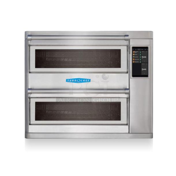 TurboChef 9500-14-DL Double Batch high-speed convection oven, stainless steel, dual compartments, touchscreen controls.