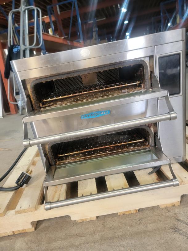 TurboChef 9500-14-DL Double Batch High-Speed Oven, stainless steel, commercial-grade, open doors, visible TurboChef label.