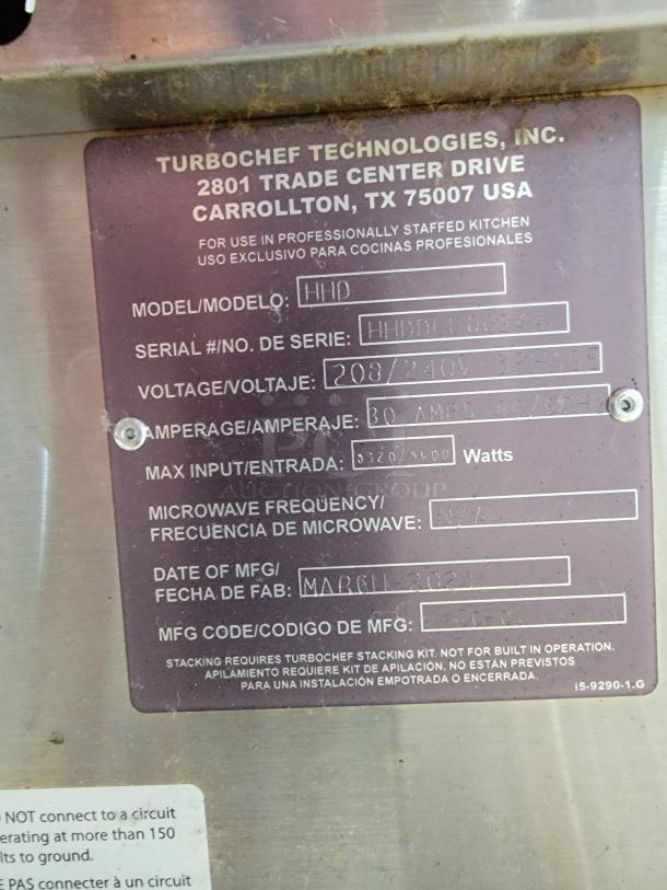 TurboChef 9500-14-DL label showing model, serial number, voltage, amperage, and manufacture date (March 2020).
