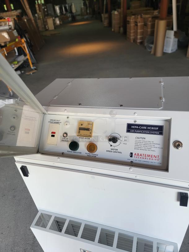 Abatement Technologies Hepa-Care HC800F commercial HEPA air purifier, tested and working, with control panel and labels shown.