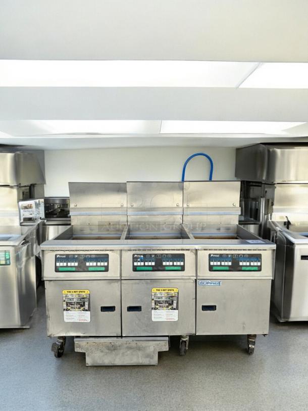 Pitco SSH75 Triple-Bank Gas Fryer in excellent condition, natural gas, 115V ignition, fully tested, visible controls and safety labels.