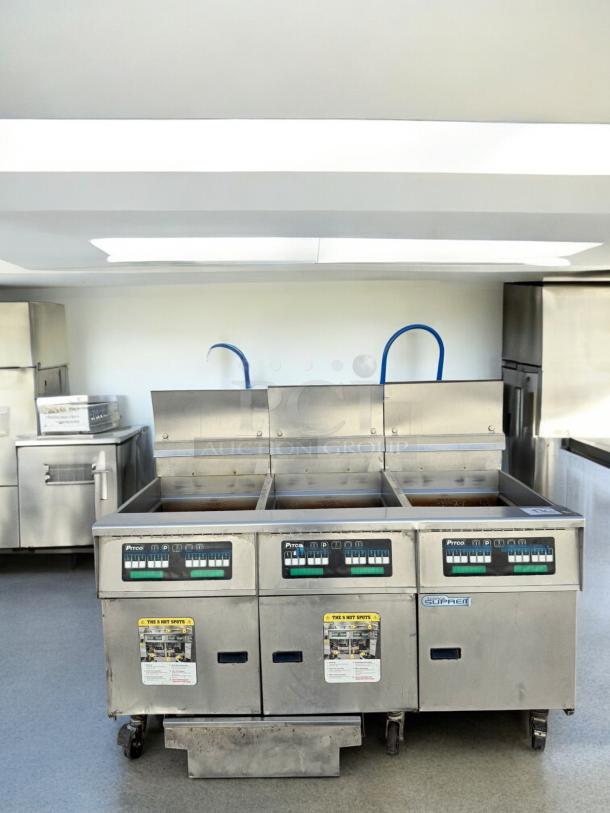 Pitco SSH75 Triple-Bank Gas Fryer, excellent condition, natural gas, 115V ignition, fully tested, clean controls and labels visible.